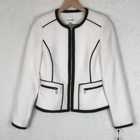 NWT Calvin Klein White Black Trim Zip Front Career Blazer Jacket Petite 6P - Picture 1 of 14